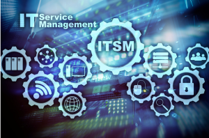 A series of cogs each with a different outline image relating to IT. Centre cog contains the letters ITSM and the top left has the term IT Service Management. The background is blurred and shows lights of networking equipment.