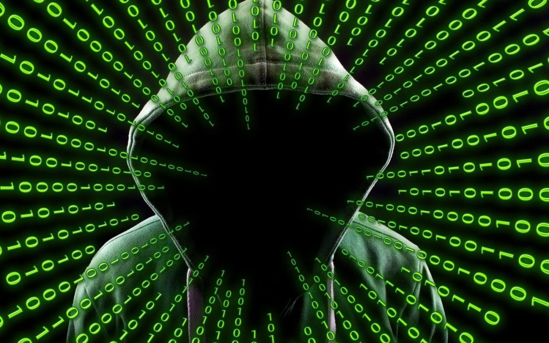 Cybersecurity portraying faceless hacker with stream of binary digits