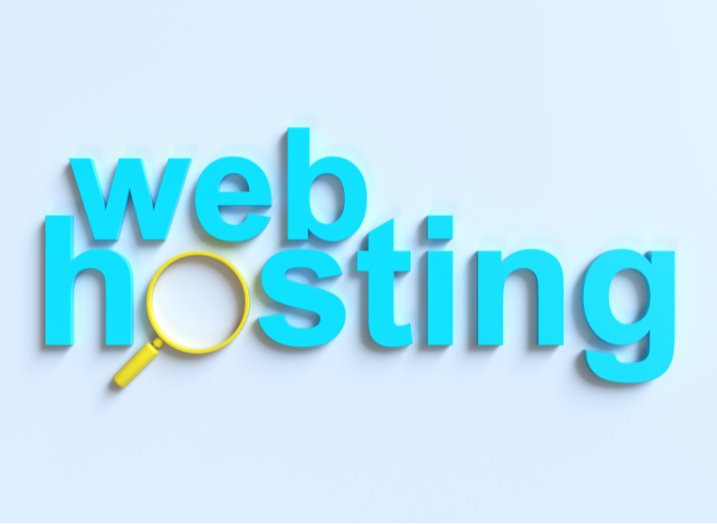 Blue letters spelling out web hosting. The 'O' has been replaced by a yellow magnifying glass. Light blue background
