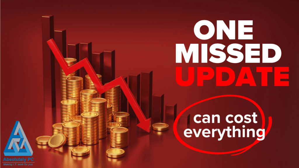 Cyber security warning image showing falling coins and a downward arrow, highlighting the financial impact of missing software updates.