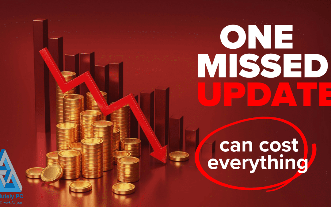 Cyber security warning image showing falling coins and a downward arrow, highlighting the financial impact of missing software updates.