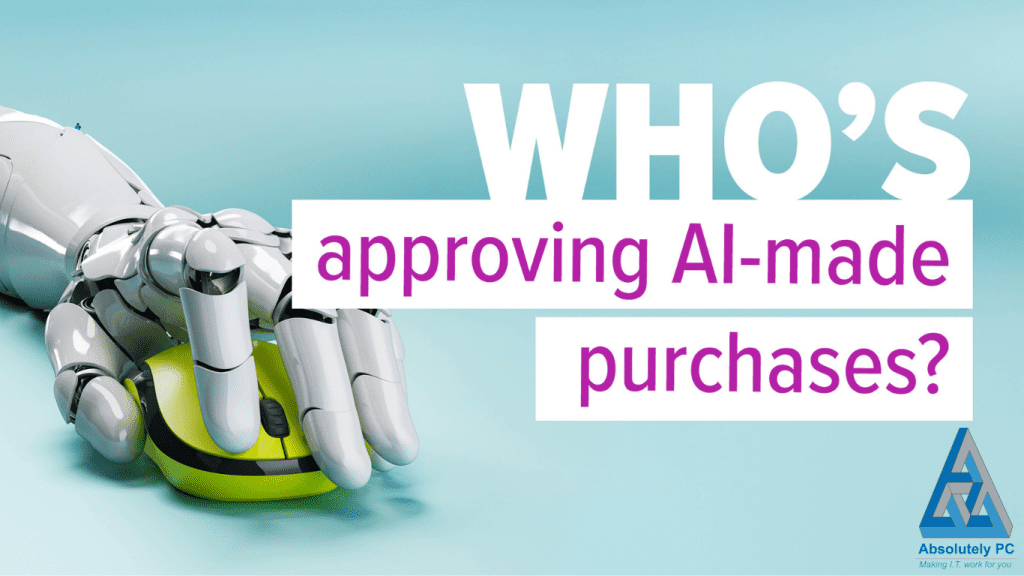 A robotic hand resting on a computer mouse with text asking, “Who’s approving AI made purchases?”