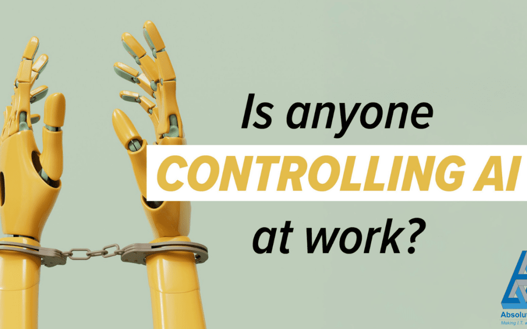 Robotic hands in metal handcuffs raised against a light background with the text “Is anyone controlling AI at work?”
