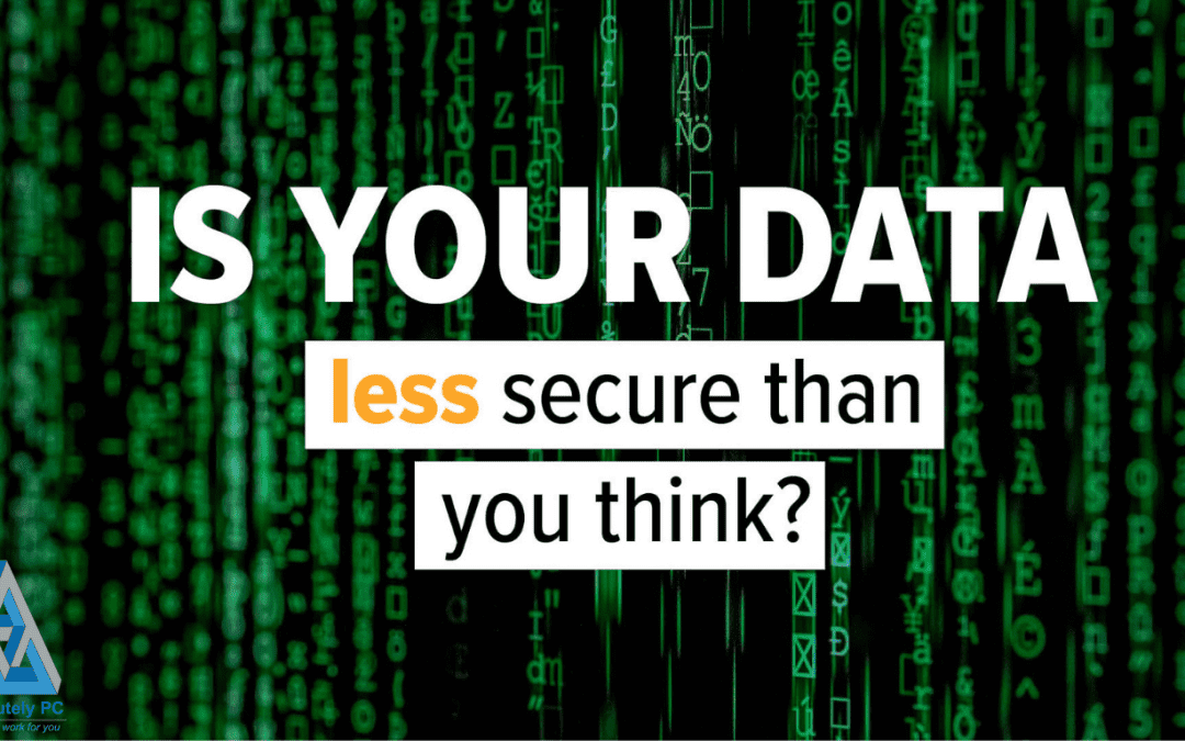 Dark background with cascading green digital code characters and bold white text asking Is Your Data less secure than you think, with the word less highlighted in orange, representing the hidden gap between perceived and actual data security in business