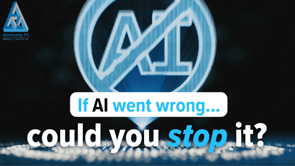 An illustration depicting an emergency stop concept for artificial intelligence in a business setting, representing AI governance, risk control and compliance readiness for professional firms.