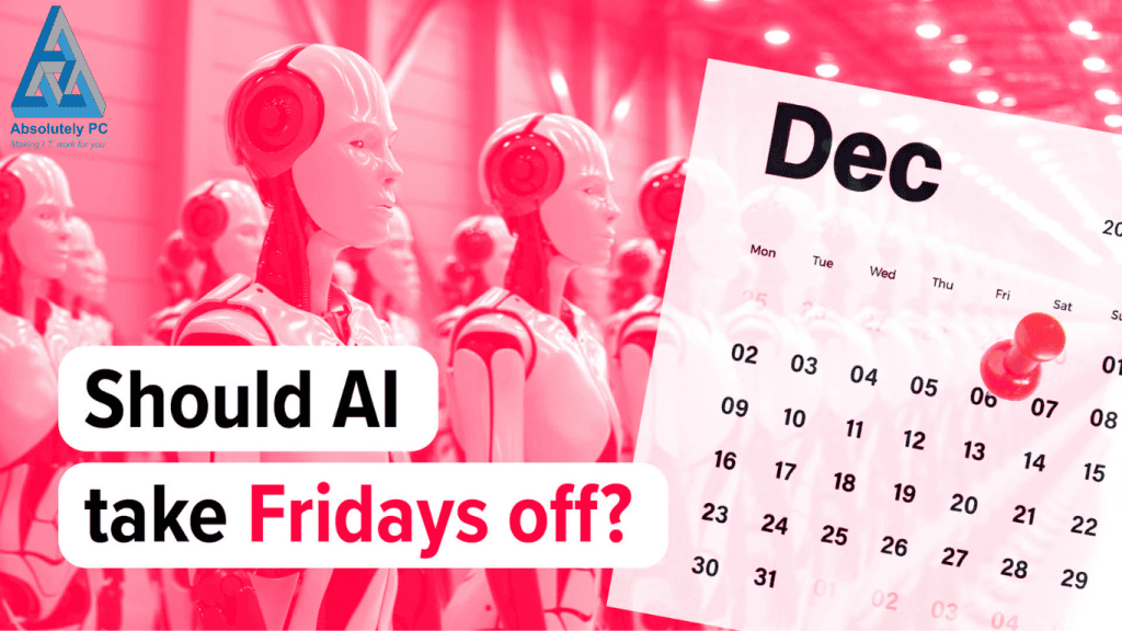 Rows of identical humanoid robots beside a December wall calendar with a Friday date pinned, illustrating the question of whether regulated firms should pause AI use on Fridays.