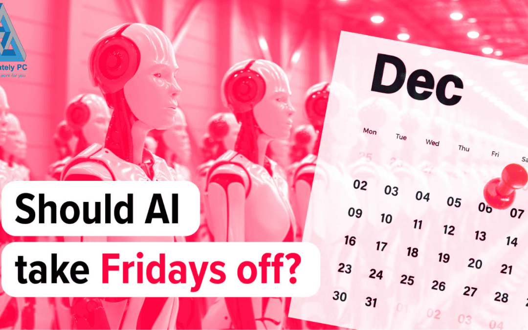 Rows of identical humanoid robots beside a December wall calendar with a Friday date pinned, illustrating the question of whether regulated firms should pause AI use on Fridays.