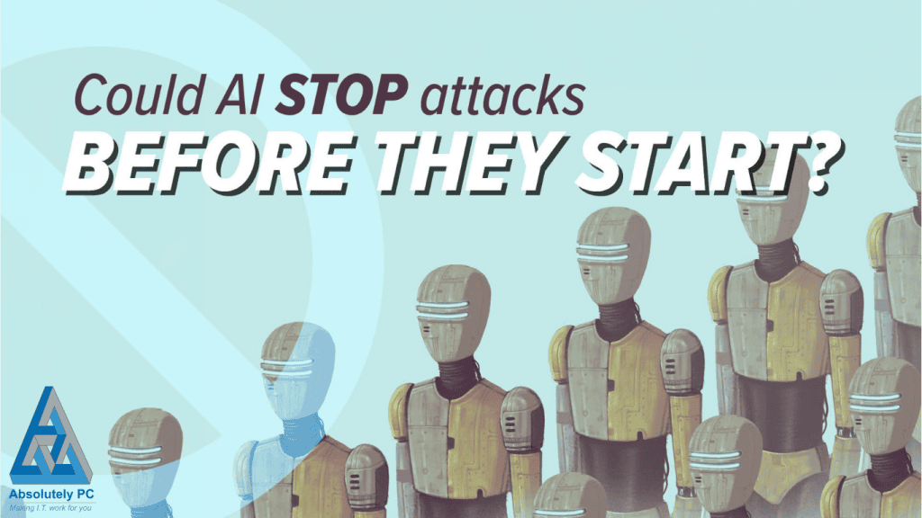Illustration of a row of retro-futuristic humanoid robots, with one highlighted in blue, beneath the headline "Could AI STOP attacks before they start?" and the Absolutely PC logo.
